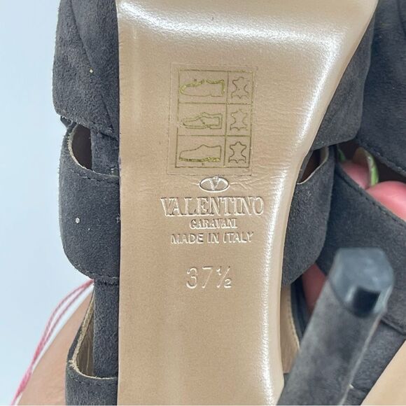 Valentino Grey Suede Floral Ruffle Slingback Platform Stiletto Heels US 7.5 - Picture 12 of 16